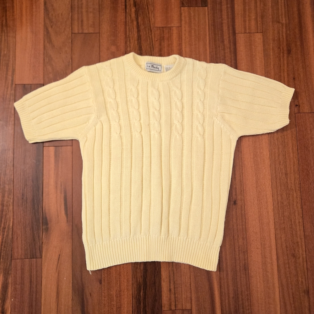 Vintage Le Moda Classic Cream Cable Knit Sweater, Short Sleeve Small Cottagecore